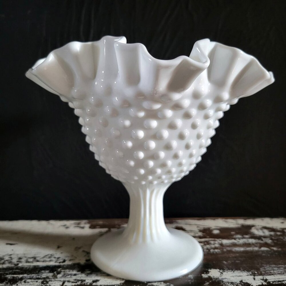Vtg Fenton White Milk Glass Hobnail Footed Ruffled Edge Candy Dish Compote 6"